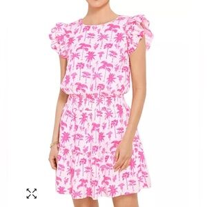 Vineyard Vines Palm Tree Smocked Linen Dress Pink White Size Small